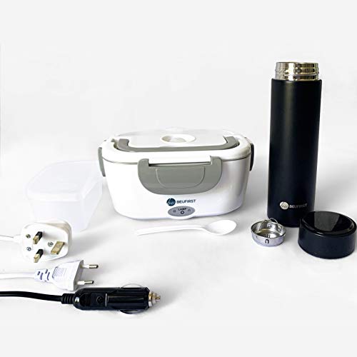 Fiambrera Eléctrica + Botella Térmica Hermética, para Coche, Camión, Hogar y Oficina 220V&12V-40W, de Acero Inoxidable, 1.5 Litros. Termo Acero Inoxidable 500ml, Pantalla LED y Filtro Infusiones