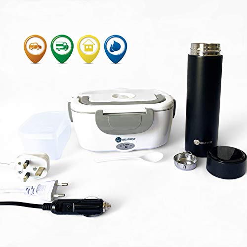 Fiambrera Eléctrica + Botella Térmica Hermética, para Coche, Camión, Hogar y Oficina 220V&12V-40W, de Acero Inoxidable, 1.5 Litros. Termo Acero Inoxidable 500ml, Pantalla LED y Filtro Infusiones