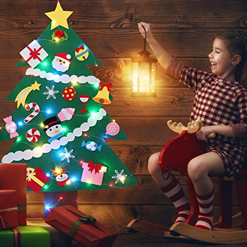 Fieltro Árbol de Navidad, Kapmore DIY Decoración del árbol de Navidad Niños Decoración Colgante 28PCS Ornamento de Adorno LED Luces