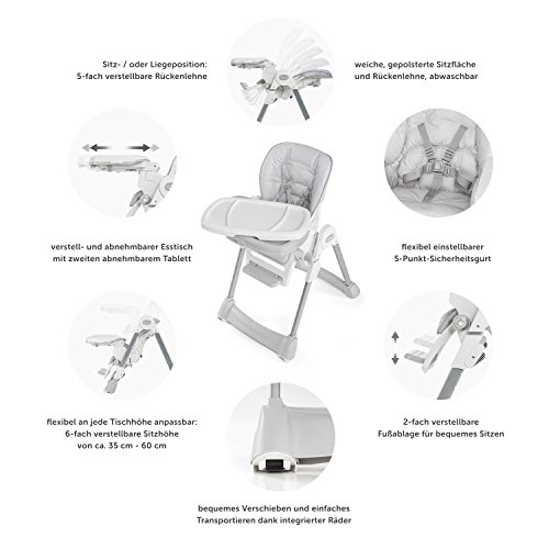 Fillikid Baby Trona - Silla de bebé desde el nacimiento, asiento reclinable, cojin acolchado, cinturón, mesa con bandeja extraíble - altura ajustable y plegable | Gris Blanco