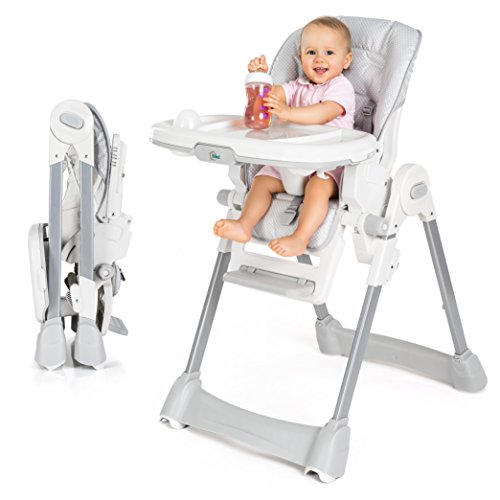 Fillikid Baby Trona - Silla de bebé desde el nacimiento, asiento reclinable, cojin acolchado, cinturón, mesa con bandeja extraíble - altura ajustable y plegable | Gris Blanco