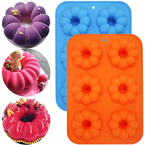 FineGood 3 moldes de silicona para hacer donuts, 6 cavidades de calabaza, donuta, bandejas para hacer donas, bandeja para galletas, color azul, naranja, rosa