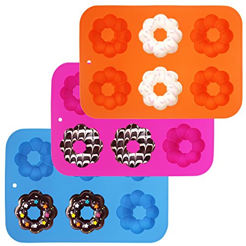 FineGood 3 moldes de silicona para hacer donuts, 6 cavidades de calabaza, donuta, bandejas para hacer donas, bandeja para galletas, color azul, naranja, rosa