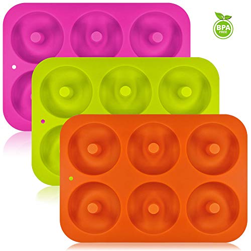 FineGood FG molds_3 - Juego de 3 moldes de silicona con forma de donut, 6 cavidades antiadherentes, para hacer galletas, magdalenas, pasteles, bagels, naranja, rojo rosa, verde
