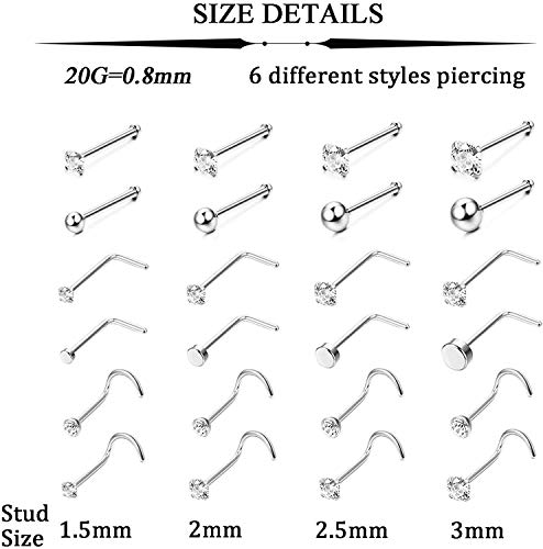 Finrezio 48 Piezas 20g Anillos De Nariz De Acero Quirúrgico Aro Pendientes De Cartílago con Tachuelas Joyería Piercing del Cuerpo 1.5mm 2mm 2.5mm 3mm CZ Plata Aros De 6mm a 12mm