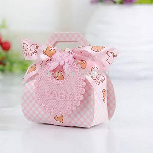 FireAngels - Caja de recuerdos para baby shower, 24 unidades, con forma de oso, para regalo de boda, bautizo, fiesta, chocolate, pastel, caja de caramelos con etiquetas de babero y cintas rosa