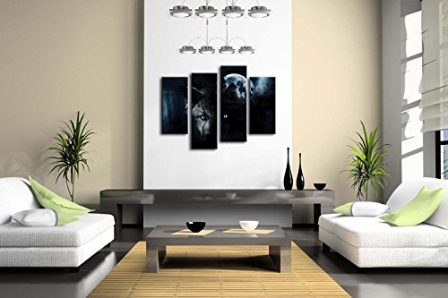 First Wall Art - Lobo Cuadros en Lienzo Animales Bajo la Luna Llena Decoracion de Pared 4 Piezas Modernos Mural Fotos para Salon,Dormitorio,Baño,Comedor