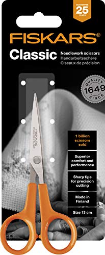 Fiskars Tijeras de costura Micro-Tip, Longitud: 13 cm, para diestros y zurdos, Hoja de acero inoxidable/Mangos de plástico, Naranja, Classic, 1005153