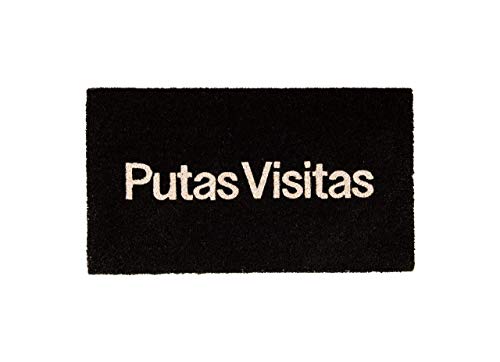 Fisura DM0937 Felpudo Rectangular de Fibra de Coco 100% Natural Divertido y Original Entrada Casa Antideslizante con Frase P. Visitas, Color Negro 70 X 40 cm