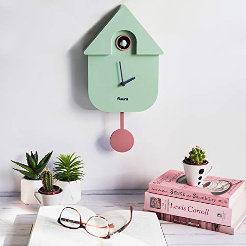 Fisura | Reloj Cuco Moderno de Pared con Pájaro con Forma de Casa | Reloj Cuco Minimalista con un Diseño Moderno, Color Menta21x8x40cm