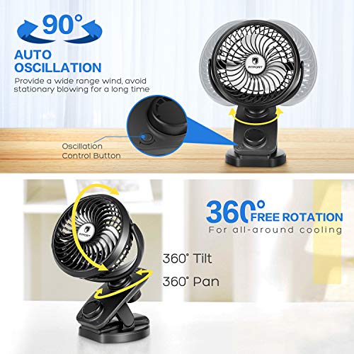 FITFORT Ventilador USB Silencioso - Máx 43 Horas de Trabaja Mini Fan Portátil con Pilas Recargable para Cochecito de bebé, Coche, Caminadora, Oficina, Hogar, Viajes, Camping (Negro)