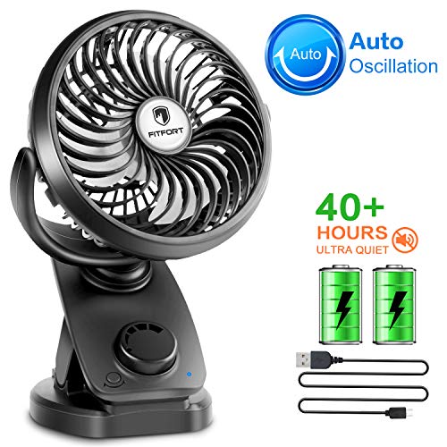 FITFORT Ventilador USB Silencioso - Máx 43 Horas de Trabaja Mini Fan Portátil con Pilas Recargable para Cochecito de bebé, Coche, Caminadora, Oficina, Hogar, Viajes, Camping (Negro)