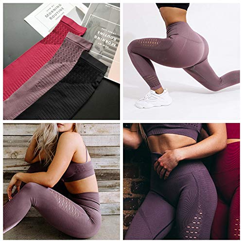 FITTOO Leggings Sin Costuras Corte de Malla Mujer Pantalon Deportivo Alta Cintura Yoga Elásticos Fitness Seamless #1 Morado Small
