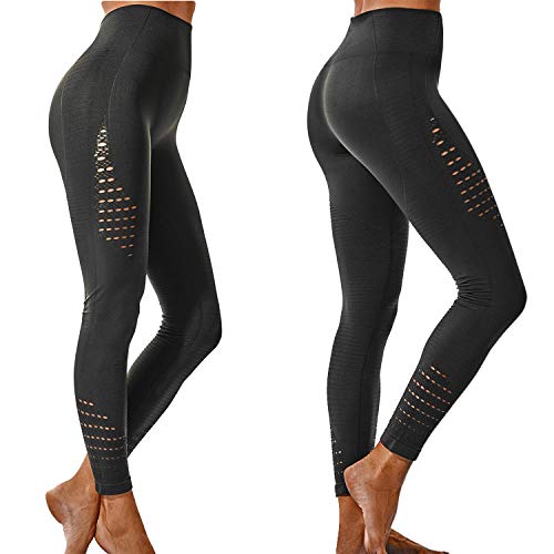 FITTOO Leggings Sin Costuras Corte de Malla Mujer Pantalon Deportivo Alta Cintura Yoga Elásticos Fitness Seamless #1 Negro Large