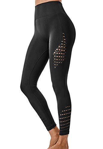 FITTOO Leggings Sin Costuras Corte de Malla Mujer Pantalon Deportivo Alta Cintura Yoga Elásticos Fitness Seamless #1 Negro Large