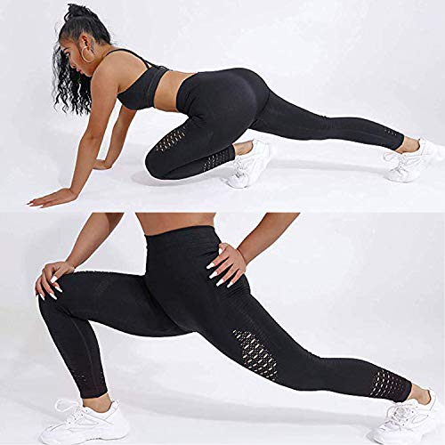 FITTOO Leggings Sin Costuras Corte de Malla Mujer Pantalon Deportivo Alta Cintura Yoga Elásticos Fitness Seamless #1 Negro Large