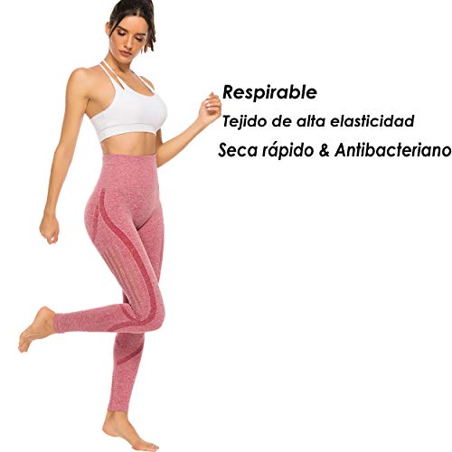 FITTOO Leggings Sin Costuras Corte de Malla Mujer Pantalon Deportivo Alta Cintura Yoga Elásticos Fitness Seamless Rosa-4 Small