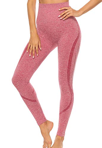 FITTOO Leggings Sin Costuras Corte de Malla Mujer Pantalon Deportivo Alta Cintura Yoga Elásticos Fitness Seamless Rosa-4 Small