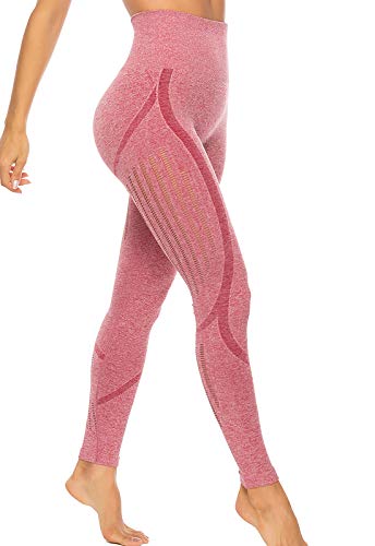 FITTOO Leggings Sin Costuras Corte de Malla Mujer Pantalon Deportivo Alta Cintura Yoga Elásticos Fitness Seamless Rosa-4 Small
