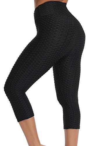 FITTOO Mallas 3/4 Leggings Capris Mujer Pantalones Yoga Alta Cintura Elásticos Super Suave #1 Negro L