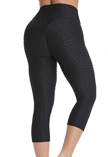 FITTOO Mallas 3/4 Leggings Capris Mujer Pantalones Yoga Alta Cintura Elásticos Super Suave #1 Negro L