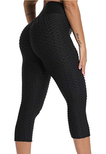 FITTOO Mallas 3/4 Leggings Capris Mujer Pantalones Yoga Alta Cintura Elásticos Super Suave #1 Negro L