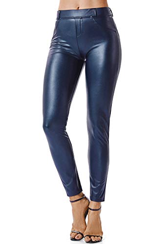 FITTOO Mujeres PU Leggins Cuero Brillante Pantalón Elásticos Pantalones para Mujer Azul XL