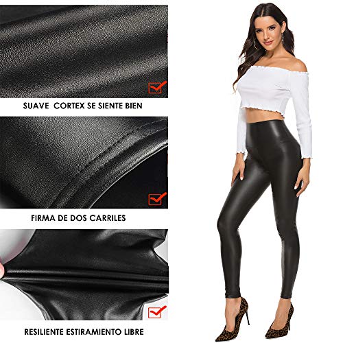 FITTOO Mujeres PU Leggins Cuero Brillante Pantalón Elásticos Pantalones para Mujer300#2 Negro Mate L