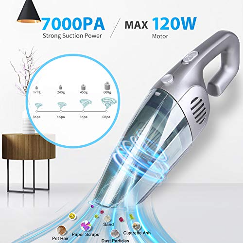 Fityou Aspiradora de Mano Sin Cable,7000pA Aspirador Inalámbrico Portatil Seco y Húmedo 120W de 2200mAh y Filtro Hepa Mejorado para Coches, Sofas, Pelos Mascotas, Casa, AutomóVil