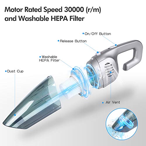 Fityou Aspiradora de Mano Sin Cable,7000pA Aspirador Inalámbrico Portatil Seco y Húmedo 120W de 2200mAh y Filtro Hepa Mejorado para Coches, Sofas, Pelos Mascotas, Casa, AutomóVil
