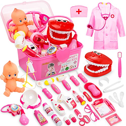 Fivejoy 43 Piezas Juguete del Doctor para Niños, Doctora de Juguetes, Maletín Medico Juguete Doctora Cosplay Juguetes, Juego de rol Regalos para Niños Mayores de 3 años con Accesorios, Asa(Rosa)
