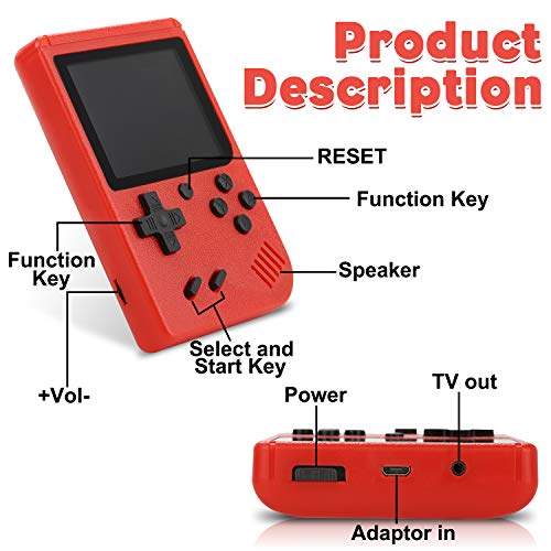 Fivejoy Consola de Juegos Portátil, Juegos Electrónicos Portátiles, Consola Retro 400 Juegos Clásicos Soporte TV Juegos Portátiles y Dos Jugadores, Regalo de Cumpleaños para los Niños Padres Rojo