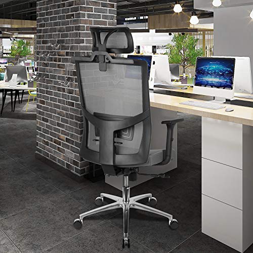 FIXKIT Silla Oficina Ergonómica Giratoria 360°, Silla de Escritorio de Malla con Altura, Reposabrazos y Apoyabrazos Ajustables, Transpirable, Carga Máx.150Kg - Negro/Grisáceo