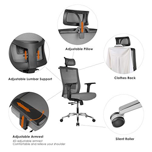 FIXKIT Silla Oficina Ergonómica Giratoria 360°, Silla de Escritorio de Malla con Altura, Reposabrazos y Apoyabrazos Ajustables, Transpirable, Carga Máx.150Kg - Negro/Grisáceo