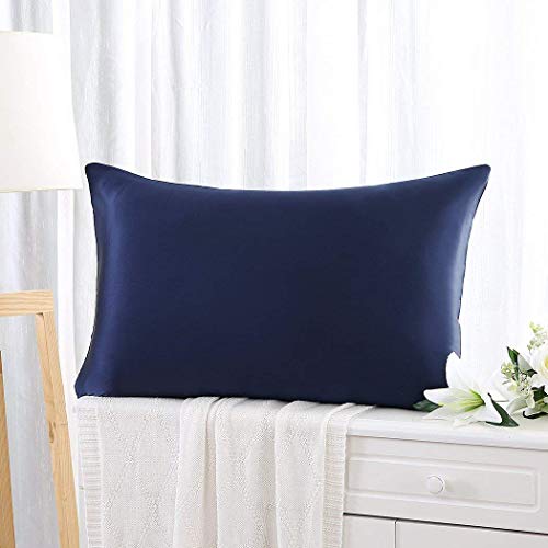 FLCA - Funda de almohada de seda de morera 100 % pura, 19 Momme Charmeuse en ambos lados, hipoalergénica, con cremallera oculta, 1 unidad, 50 x 75 cm, seda sintética, Azul Nave, Standard(50x75cm)
