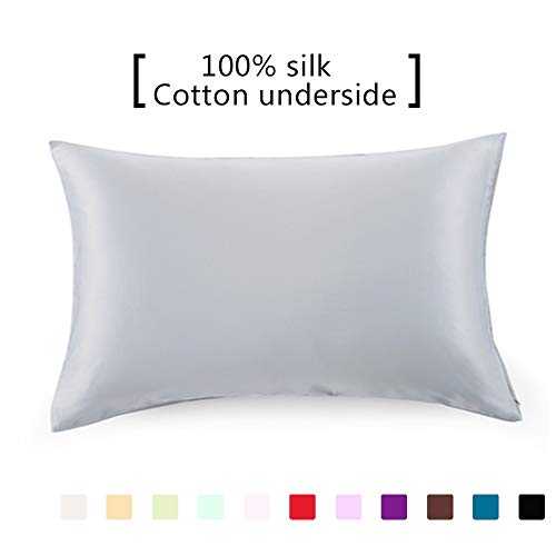 FLCA - Funda de almohada de seda de morera para cabello y piel, con cremallera oculta, parte interior de algodón, tamaño estándar, 1 unidad - 19 Momme, seda sintética, Plateado, Standard(51X75CM)