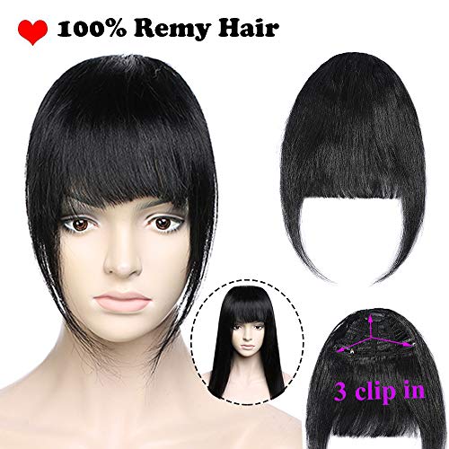Flequillo Postizo Pelo Natural Clip 100% Remy Extensiones de Cabello Natural Humano Una Pieza 3 Clips Accesorios Postizos (30cm,25g,#1 Negro)