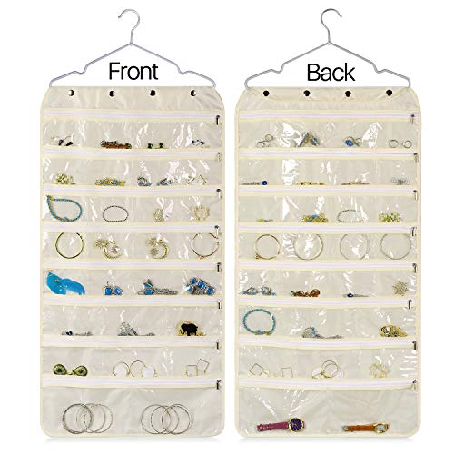 Flexzion Organizador de la joyería Bolso Colgante con Gancho - Plegable para no Tejidos de Almacenamiento Pendiente del Soporte de exhibición con Doble Side Pockets 56 Borrar Cremallera para la Pulse