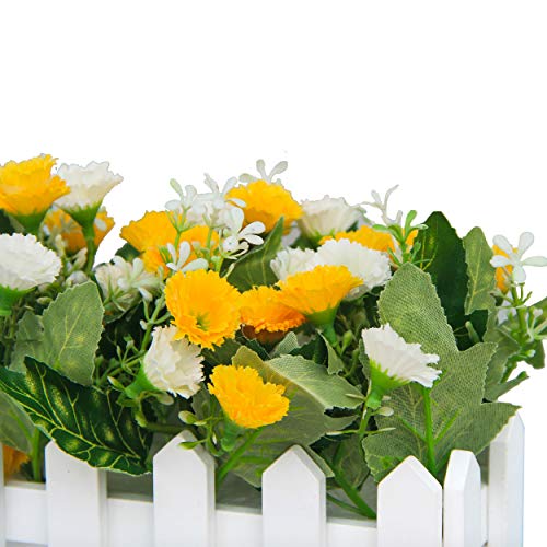 Flikool Claveles Flores Artificiales con Valla Faux Carnations Plantas Artificiales con Cerca Macetas Simulacion Falso Potted Bonsai Flor Artificial 30 * 7.5 * 15 cm - Amarillo