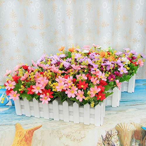 Flikool Margarita Flores Artificiales con Valla Faux Crisantemo Plantas Artificiales con Cerca Macetas Falso Potted Bonsai Flor Artificial Hogar Adornos de Decoración 30 * 7.5 * 17 cm - Mix