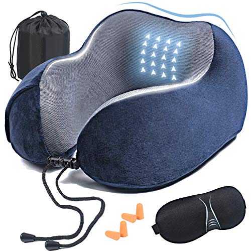 flintronic Almohada de Viaje Viscoelástica de Espuma, Almohada Cervical Cojin Almohada Ortopédica Cervica para Avión Tren Coche Viajando con Máscara y Cordón Tapones para Los Oídos - Azul