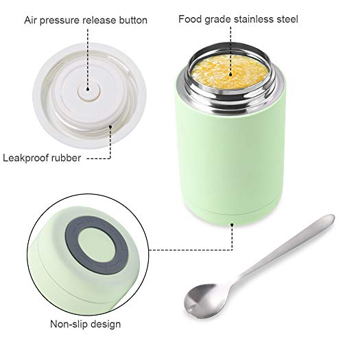 flintronic Termo para Comida, 460 ml Termo para Alimentos, Botella Aislada de Acero Inoxidable, para Adultos Niños y Bebés, con 1 Cepillo 1 Cuchara 1 Taza de Soporte - Verde Claro