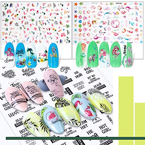 FLOFIA 10 Hojas Pegatinas Uñas Blanco y Negro Multicolor Calcomanía Uñas Flores Verano Flamenco Hoja Planta Pluma Frase Animal Etiqueta Engomada Tatuaje Uñas Nail Stickers para Decoración Manicura