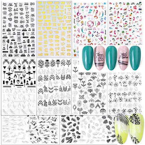 FLOFIA 10 Hojas Pegatinas Uñas Blanco y Negro Multicolor Calcomanía Uñas Flores Verano Flamenco Hoja Planta Pluma Frase Animal Etiqueta Engomada Tatuaje Uñas Nail Stickers para Decoración Manicura