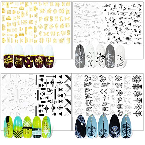 FLOFIA 10 Hojas Pegatinas Uñas Blanco y Negro Multicolor Calcomanía Uñas Flores Verano Flamenco Hoja Planta Pluma Frase Animal Etiqueta Engomada Tatuaje Uñas Nail Stickers para Decoración Manicura