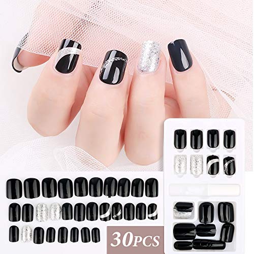 FLOFIA 90pcs Uñas Postizas Colores con Pegamento Cubierta Completa Puntas Uñas Falsas Cuadradas Acrílicas Kit Limas de Uñas Palo de Naranja Accesorios y Preparación de Uñas, 3 Cajas 12 Tamaños