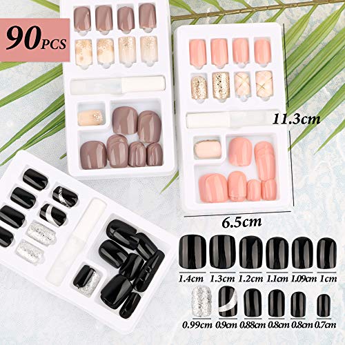 FLOFIA 90pcs Uñas Postizas Colores con Pegamento Cubierta Completa Puntas Uñas Falsas Cuadradas Acrílicas Kit Limas de Uñas Palo de Naranja Accesorios y Preparación de Uñas, 3 Cajas 12 Tamaños