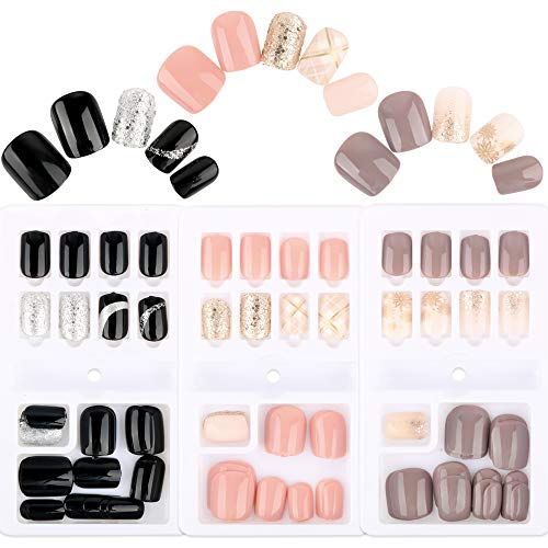 FLOFIA 90pcs Uñas Postizas Colores con Pegamento Cubierta Completa Puntas Uñas Falsas Cuadradas Acrílicas Kit Limas de Uñas Palo de Naranja Accesorios y Preparación de Uñas, 3 Cajas 12 Tamaños