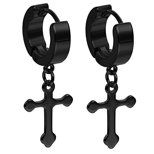 Flongo Pendientes de cruz, Hombre mujer pendientes de aro acero inoxidable, Pendientes de Hip Hop negro dorado plateado azul