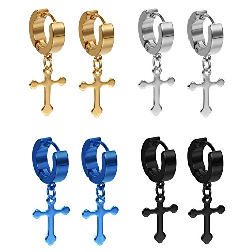 Flongo Pendientes de cruz, Hombre mujer pendientes de aro acero inoxidable, Pendientes de Hip Hop negro dorado plateado azul